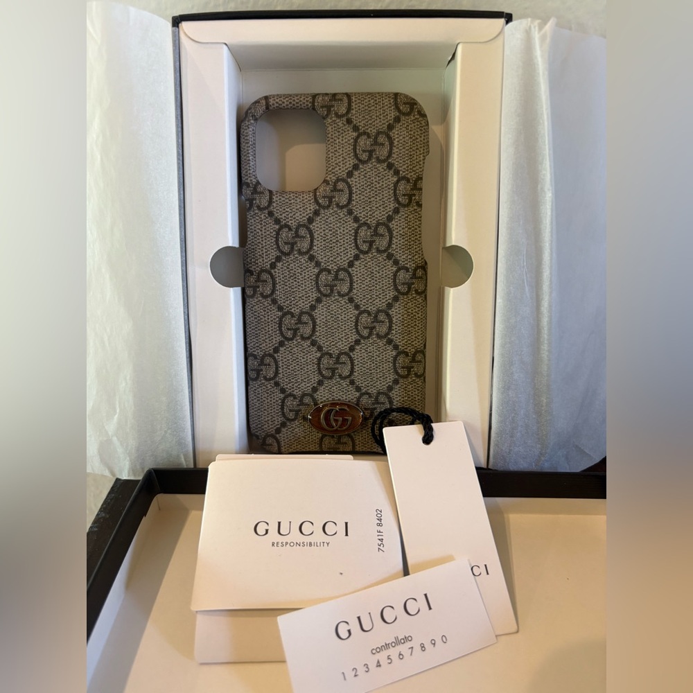 Gucci Beige GG Supreme Canvas iPhone 12 mini  Case with Brown Double G Logo